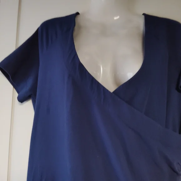 Soft Surroundings Navy Blue Ruched Faux Wrap Dress Sz-L - Picture 2 of 7